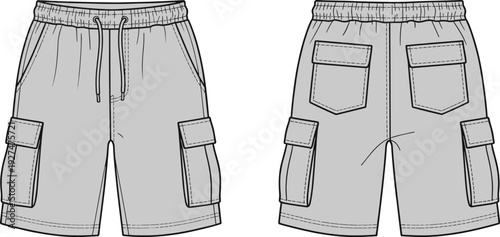 Men cargo shorts technical fashion flat sketch with drawstring waist and utility pockets, front and back view apparel template