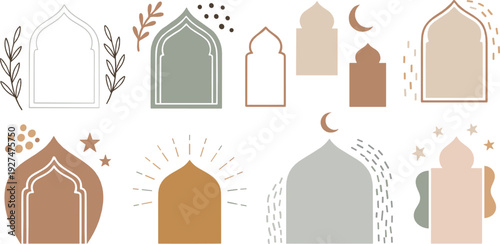 Abstract Islamic arch and mosque window shape collection with crescent and decorative elements, modern minimal flat vector illustration for Ramadan, Eid and cultural design