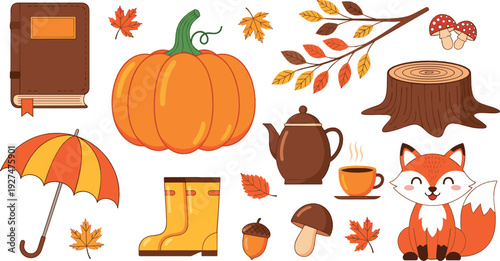 Autumn cozy illustration set with pumpkin, fox, leaves, tea and fall accessories in flat vector style for seasonal decoration and harvest design