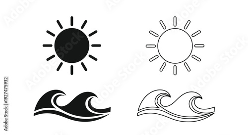 Black and white icons depicting sun and wave elements