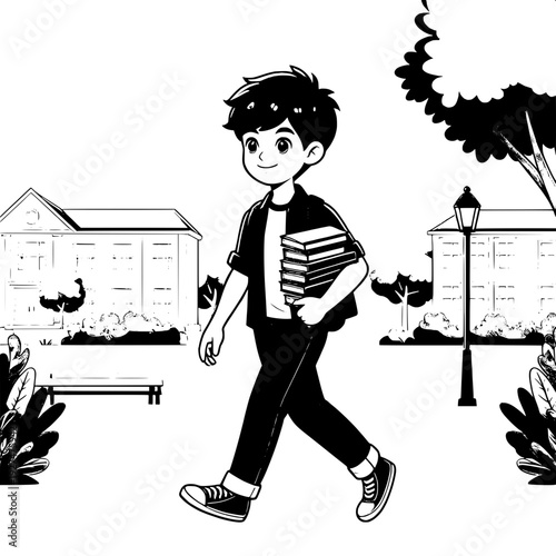 Black and White Vector SVG of a Boy Walking to School