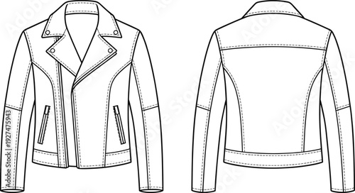 Women biker leather jacket technical fashion flat sketch, front and back view, asymmetrical zipper moto outerwear apparel template