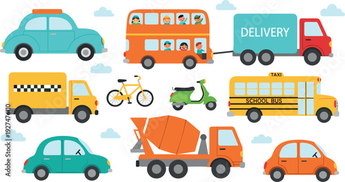 City Transport Vehicles Collection with Car, Bus, Truck, Taxi, Scooter and Bicycle Flat Vector Illustration Set