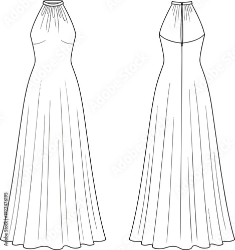 Women halter neck maxi dress technical fashion flat sketch, front and back view, elegant long evening gown apparel template