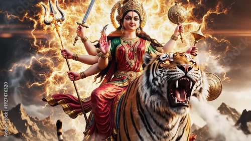 Divine Warrior Durga Maa on Tiger Against Stormy Mountain Sky