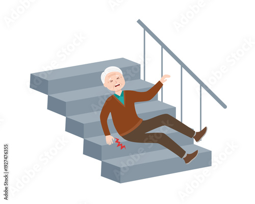 Elderly man slipped and fell down the stairs in flat design on white background.