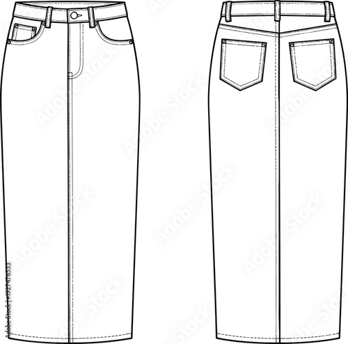 Women long denim skirt technical fashion flat sketch with front slit, front and back view apparel template design