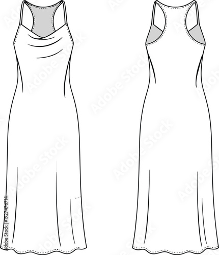 Women racerback maxi dress technical fashion flat sketch, front and back view, sleeveless fitted long gown apparel template