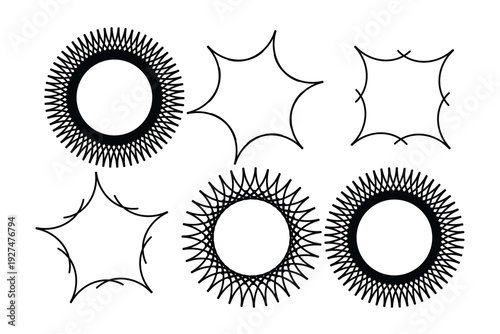 Six black outline abstract geometric shapes collection, including two spiky sunburst circles, two star shapes, and two rounded square frames