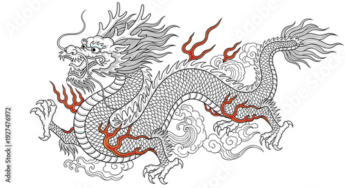 Wallpaper Mural A detailed line art drawing of a traditional mythological dragon Torontodigital.ca