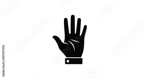 A simple black silhouette of a raised human hand with a wristband