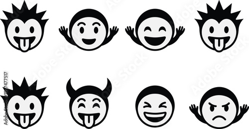 Funny cartoon face emoji icon set, playful expressions with tongue, devil horns and hand gestures vector illustration