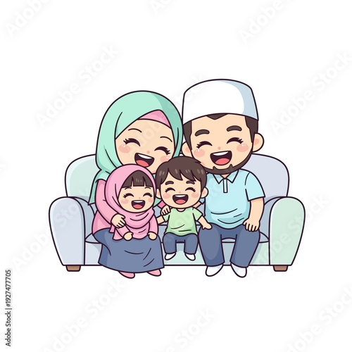 Happy Muslim family sitting together on the sofa at home.