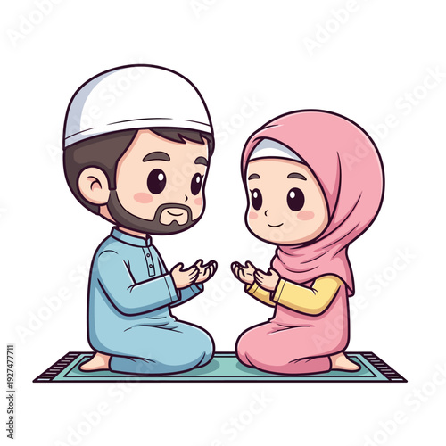 Cartoon Muslim father and daughter praying together on prayer mat.