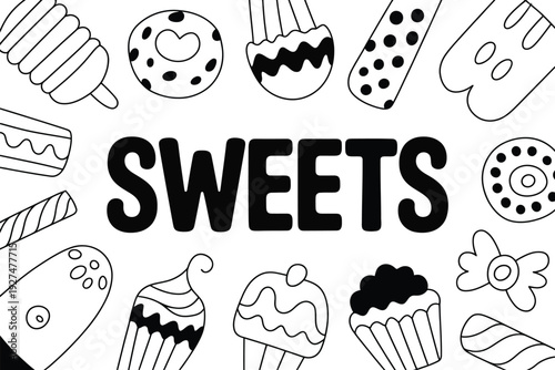 Sweets illustration with various desserts and candies on white background