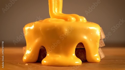 Close-up of delectable melting cheese sauce slowly flowing over warm toasted bread