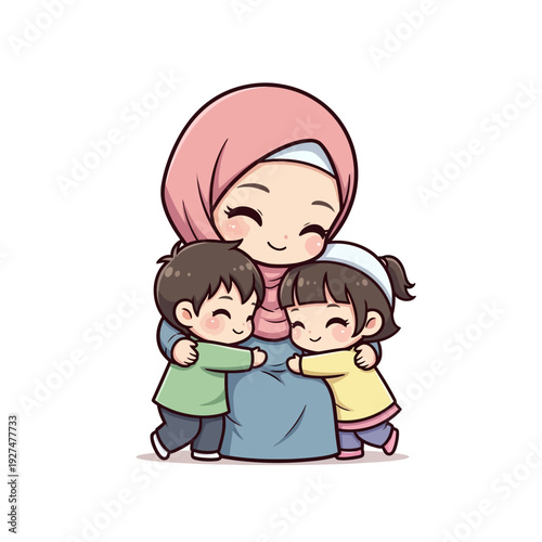 Happy Muslim Mother Embracing Children with Love and Care.