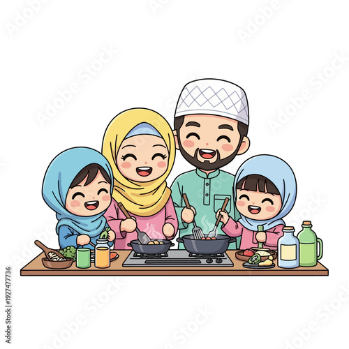 Muslim family cooking together with joy and love in the kitchen.