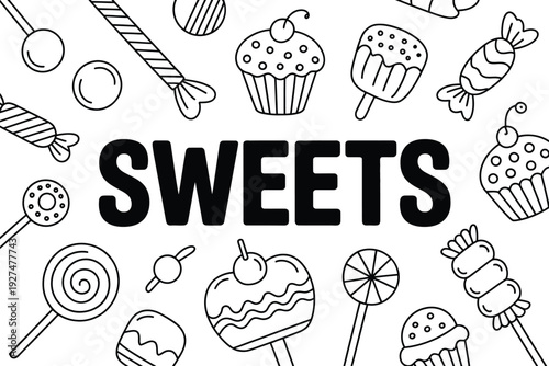 Sweets illustration with various candies and cupcakes on white background