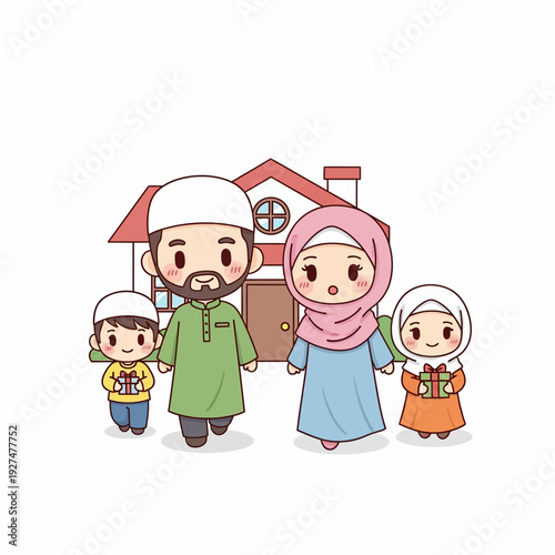Happy Muslim Family Standing Together in Front of Home.