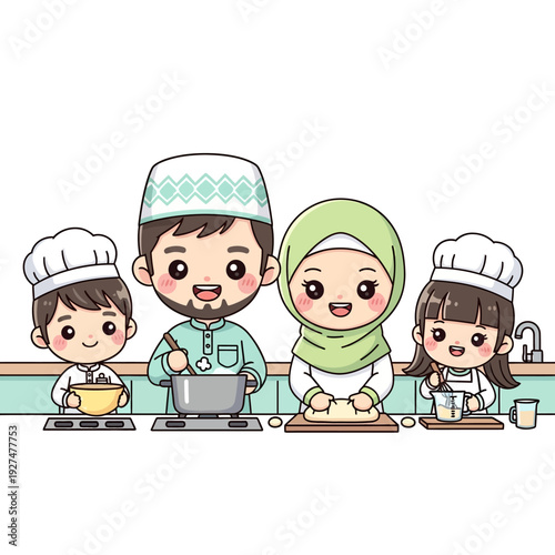 Cartoon family cooking together in the kitchen with chef hats.