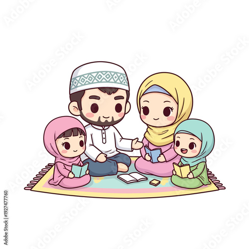 Muslim family sitting together on a prayer mat with children.