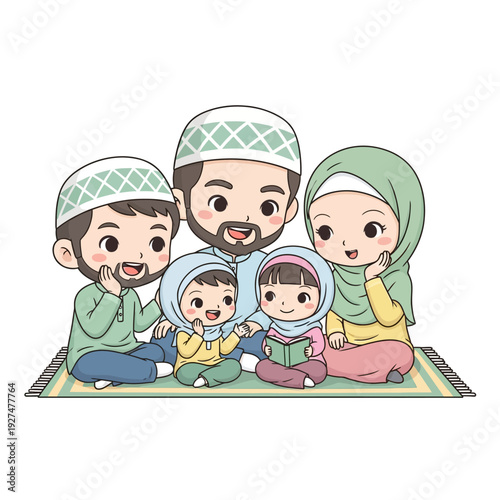 Happy Muslim Family with Children Sitting Together.