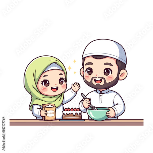 Muslim Couple Preparing Dessert Together with Joy and Laughter.