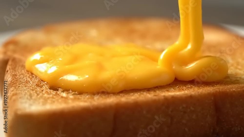 Delicious close up of melting cheese being poured onto toasted bread