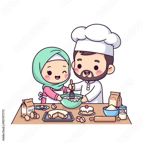 Cartoon illustration of a man and woman baking together in a kitchen.