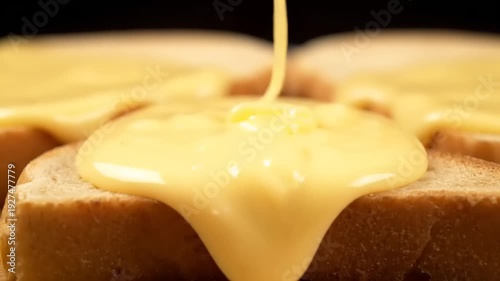 Golden, creamy sauce cascades over toasted bread, resembling melting cheese delight