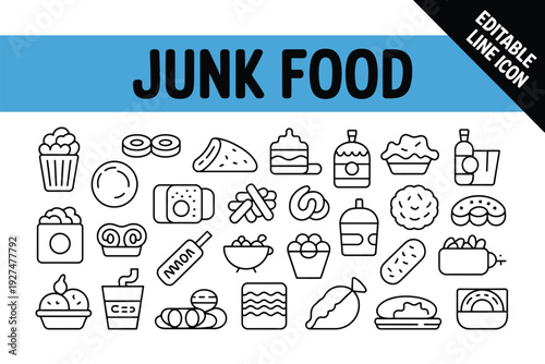 Junk food editable line icon set for unhealthy eating illustration