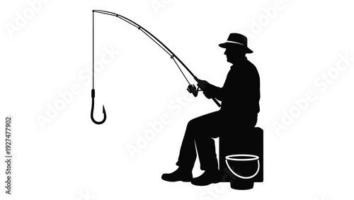 A man sitting on a bucket while fishing isolated on white background, Vector