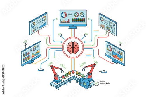Artificial Intelligence System with Robotic Arms in Futuristic Digital Network with Vibrant Neon Lighting on White Background for Technology Advertising
