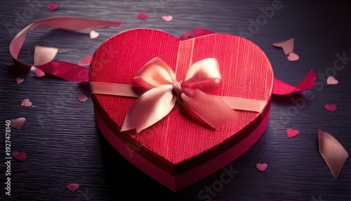 Wallpaper Mural Heart-shaped gift box with ribbon and confetti on dark surface. Torontodigital.ca