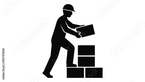 A construction worker builds a brick wall isolated on white background, Vector