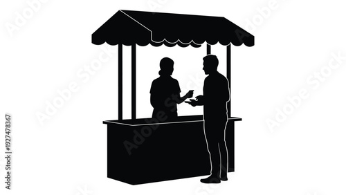 Two people standing at an outdoor sales stand isolated on white background, Vector