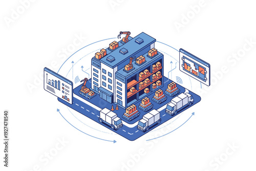 Data Center Server Room with Isometric Illustration in Blue Color Scheme and Modern Design for Infographic