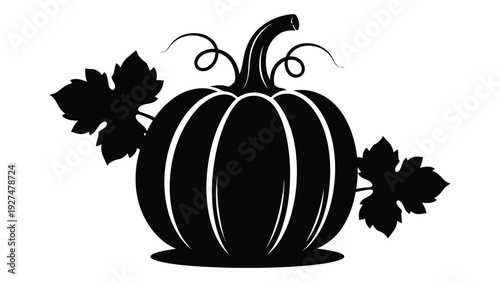 A black silhouette of a pumpkin with leaves isolated on white background, Vector