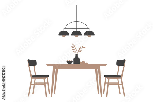 A minimalist dining room with a wooden table and chairs