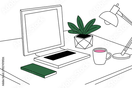 A laptop computer illustration with a plant and cup on a desk
