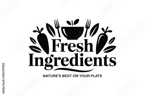 Fresh ingredients logo with natural food and kitchen utensils illustration