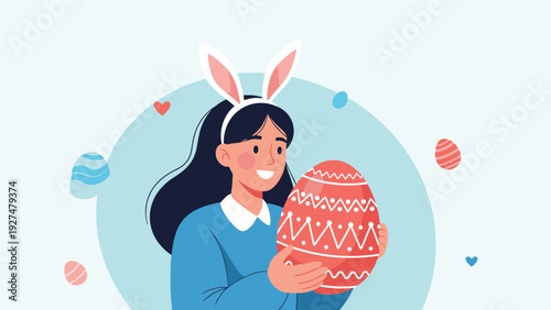 Happy young girl wearing cute pink bunny ears and holding a large decorated red Easter egg for the spring holiday celebration.