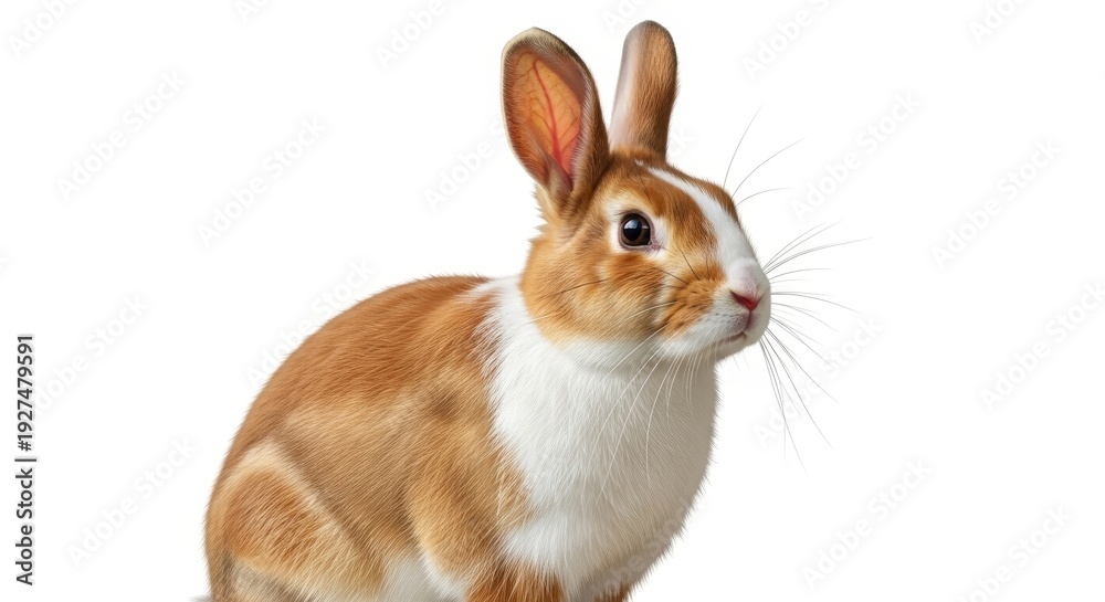 Fototapeta premium A domestic orange and white rabbit with distinctive markings poses elegantly against a clean white studio background.