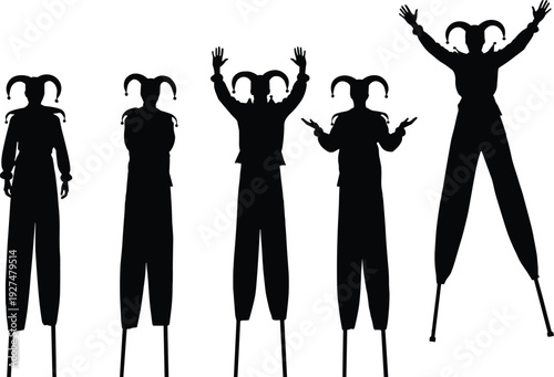 Set of jester silhouettes on stilts in various poses, carnival clown characters isolated on white background