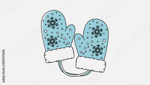 Cozy pair of light blue winter mittens decorated with white snowflakes and fluffy cuffs, connected by a string on a white background.