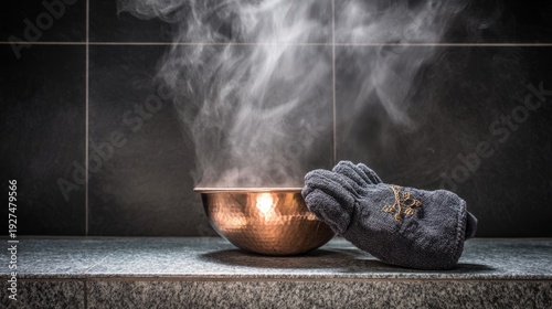 hammam. A polished copper bowl and traditional massage glove arranged on a stone ledge in a steam room. lifestyle magazines.
