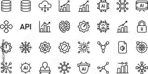 Big data analytics AI icon set, database cloud computing data science security visualization machine learning algorithm vector illustration seamless pattern background