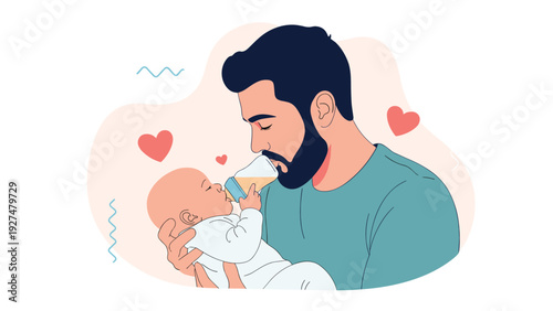 Loving father with a beard gently feeding his newborn baby with a bottle, surrounded by hearts, illustrating modern fatherhood.