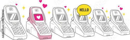 Cute POS Payment Terminals Illustration Set Showing Contactless Card Machine with Hearts and Chat Bubble, Modern Retail Checkout and Cashless Payment Concept Vector